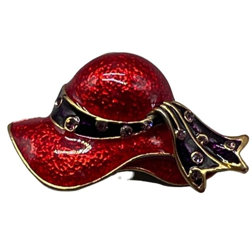 Costume Jewelry brooch red and black hat sparkling red gold trim 2" wide READ
